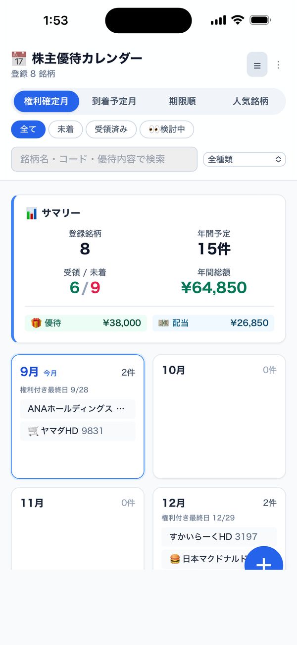 12か月ぶんの予定をカレンダーで見渡せます