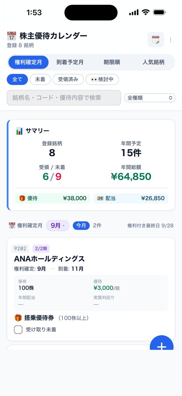 権利確定月ごとに、保有銘柄と権利付き最終日をひと目で確認